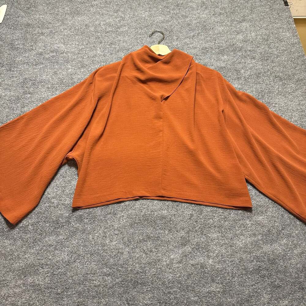 ZARA Russet Orange Draped Asymmetric Collar Batwing Sleeve Blouse Quiet Luxury - Picture 2 of 9